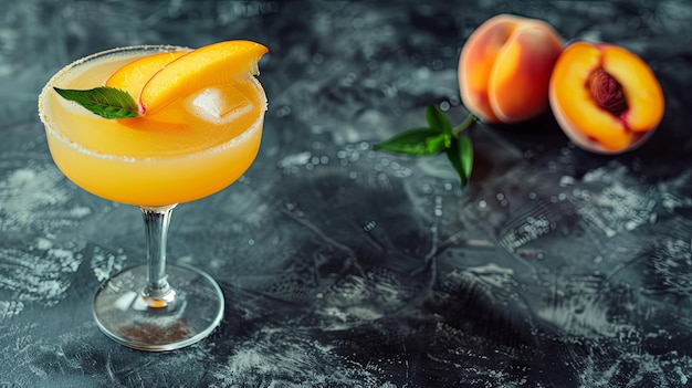 Фото Коктейль с персиковым вкусом с кусочком персикового копия пространства