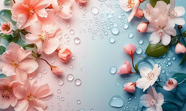 Photo peachy and blue background with flowers and drops of water summer background place for the text