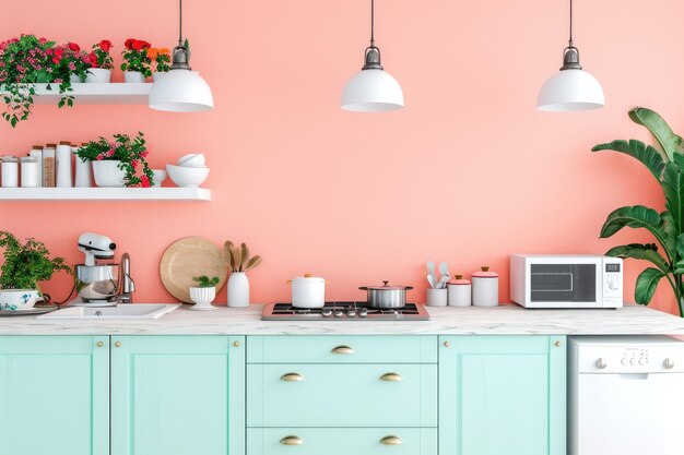 Photo peachy elegance minimalist kitchen interior with floral accents on pastel colored wall