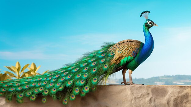 Foto un pavone adornato di piume verdi vivaci e brillanti si erge orgogliosamente su una sporgenza che mostra