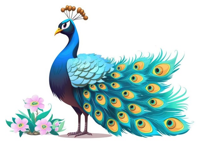 Photo peacock in cartoon style on white background generative ai