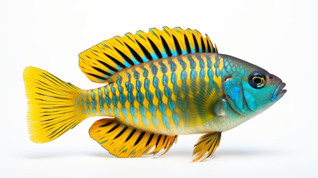 Peacock Cichlid Exotic Fish In Blue And Yellow On White Background