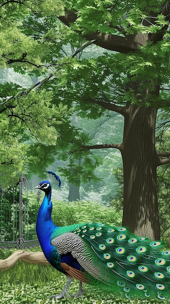 Peacock in the clear and green forest