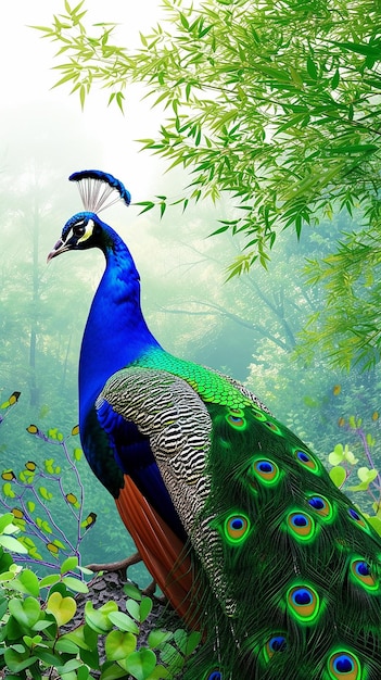 Peacock in the clear and green forest