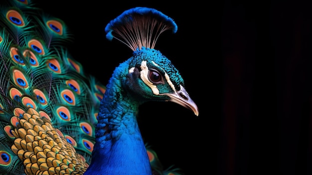 Peacock close-up geïsoleerd op zwarte achtergrond Generatieve AI