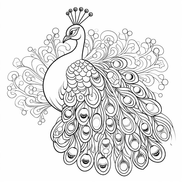 Photo peacock coloring cute flat coloring book kawaii line art