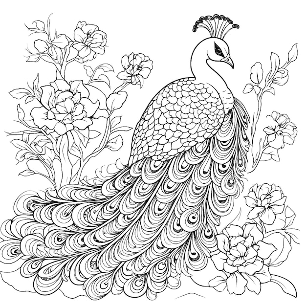 peacock coloring page outline kids fun black white