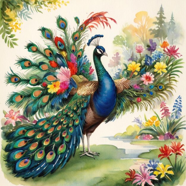 Peacock displaying its colorful feathers