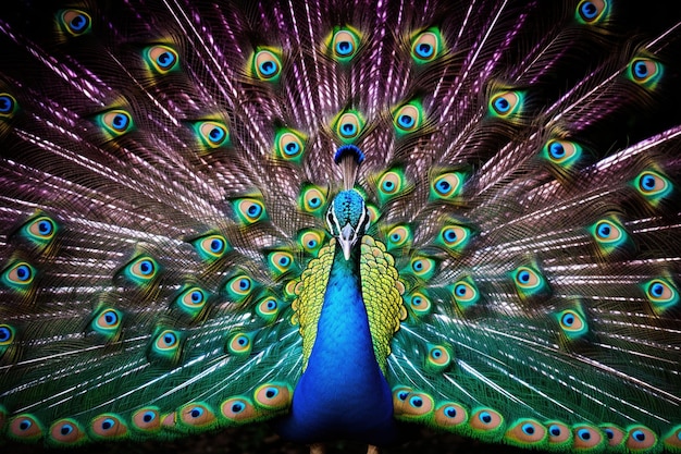 Peacock displaying its full spectrum of iridescent feathers