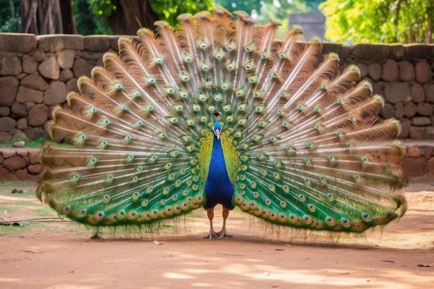 A peacock fanning out its colorful tail