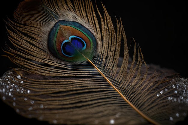 Peacock feather closeup on dark background