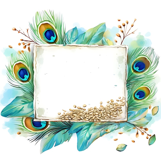 Photo peacock feather frame with coconut barfi sweets silver vark watercolor style of indian culture