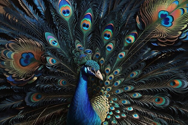 Photo peacock feather showcases intricate fractal pattern beauty