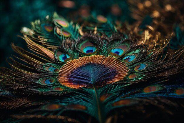 Photo peacock feather showcases intricate fractal pattern beauty