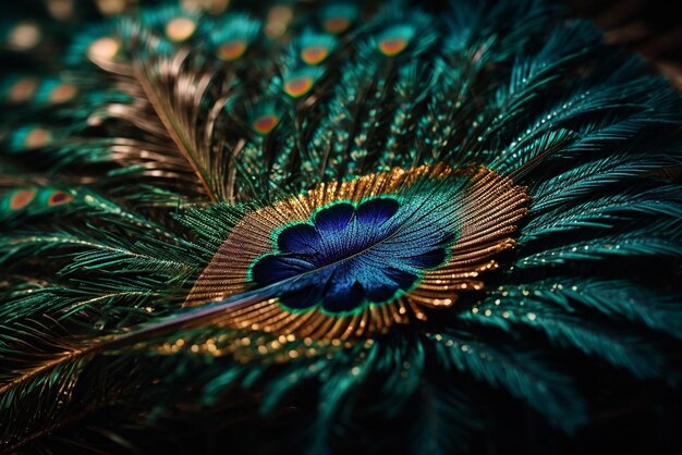 Foto la piuma di pavone mostra la bellezza di un intricato disegno frattale