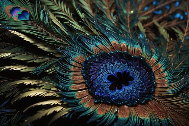 Photo peacock feather showcases intricate fractal pattern beauty