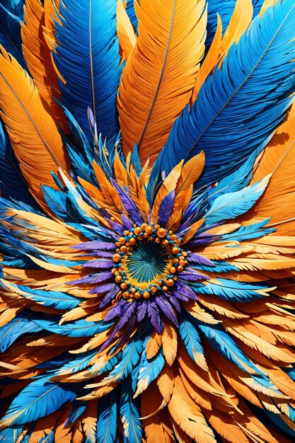 A peacock feather with orange and blue feathers