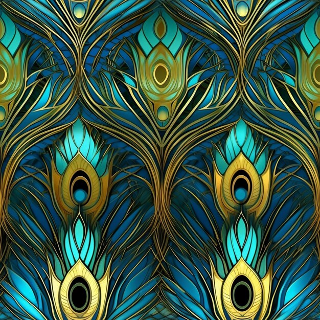 peacock feathers are painted in a blue and gold pattern generative ai