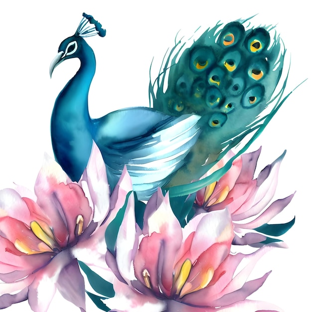Peacock and flower watercolor on white background