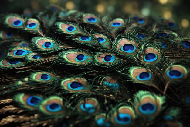 Peacock green and blue plumage in close up