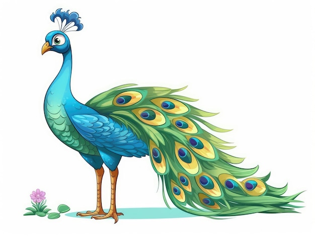 Peacock in Cartoon Style op witte achtergrond generatieve AI