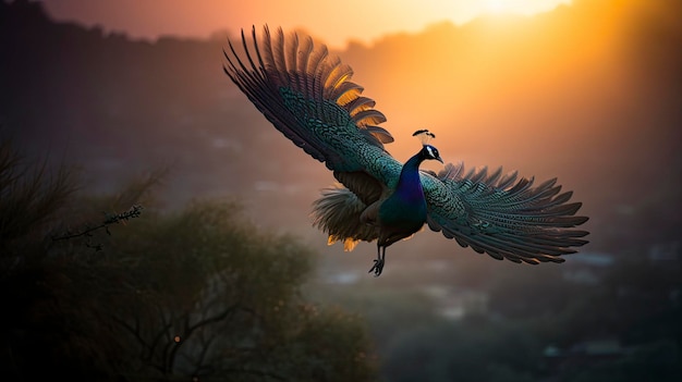 A peacock is flying in the sky with the sun setting behind it.