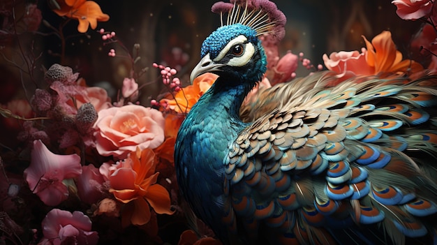 A peacock is framed in a frame of flowers