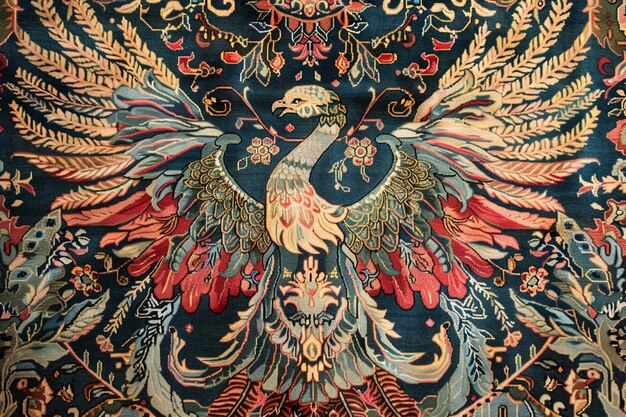 a peacock is on a large rug with a red and black pattern