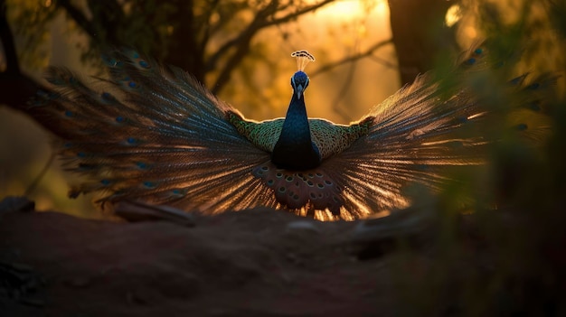 A peacock is shown in the sunset with the sun setting behind it.