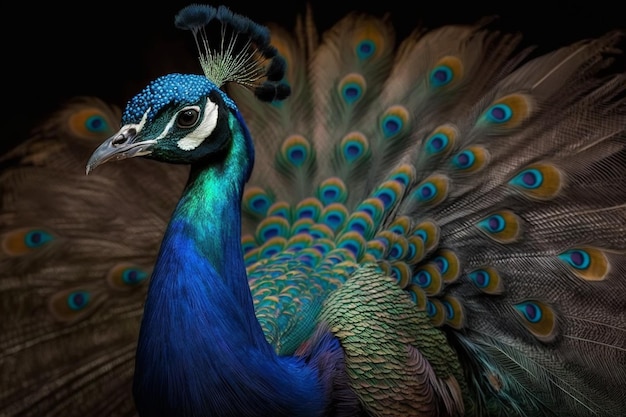 A peacock is shown with a black background.