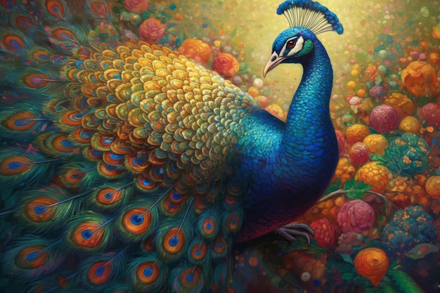 A peacock is shown with a colorful background.