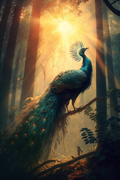 A peacock is sitting on a branch in a forest.