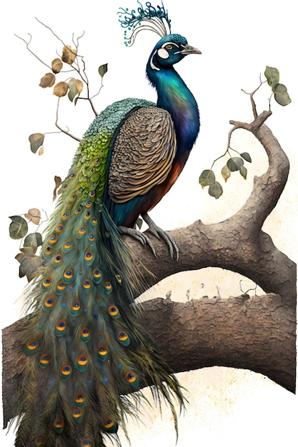 A peacock is sitting on a branch and the tail is blue and green.