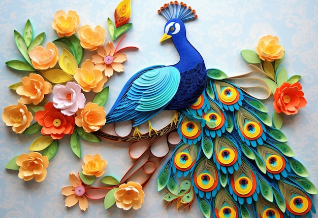 A peacock is sitting on a branch with flowers.
