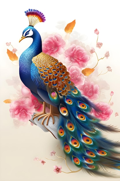 A peacock is sitting on a branch with pink flowers.