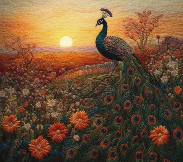 A peacock is sitting on a field of flowers with a sunset in the background.