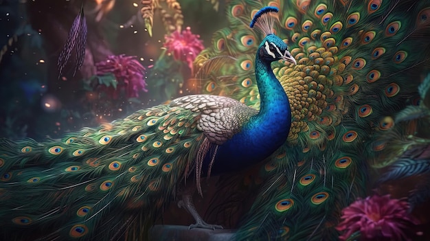 A peacock is standing on a branch with a purple background and a green tail is in the foreground.