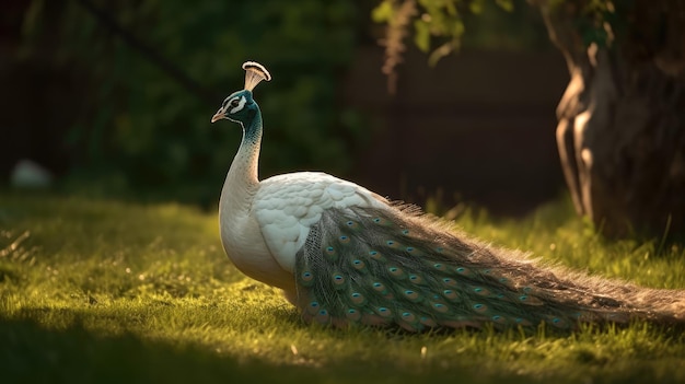 A peacock is standing in the grass in the sunlight.