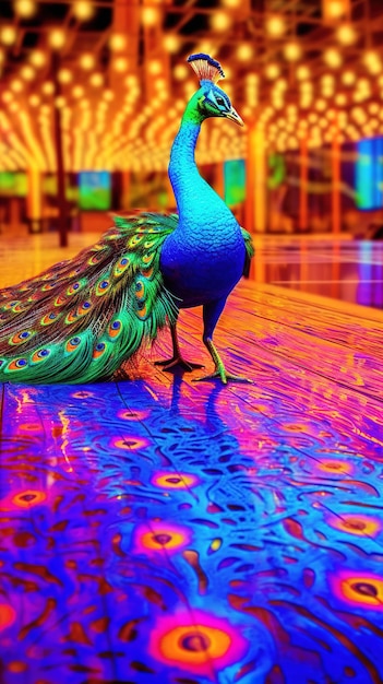 A peacock is standing on a shiny surface