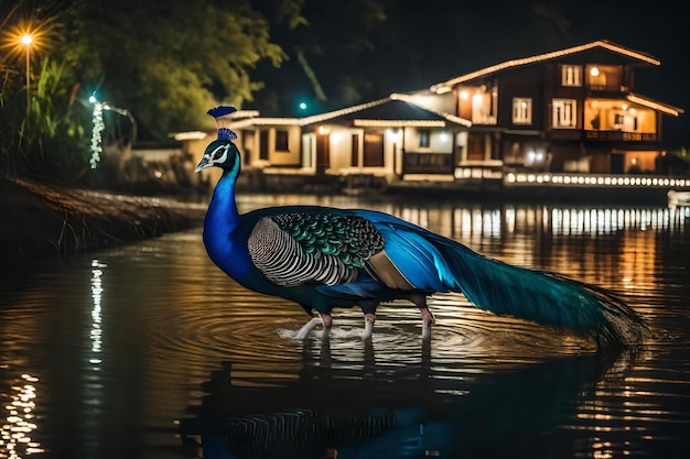 a peacock is standing in the water in front of a house