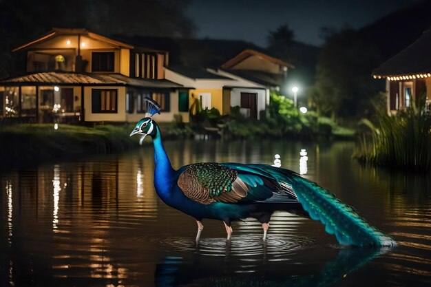 a peacock is standing in the water with a house in the background