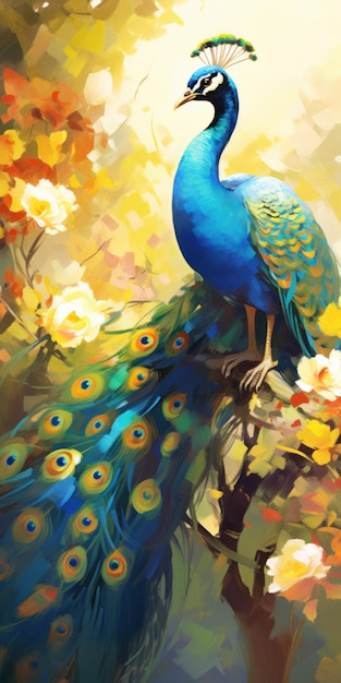 Peacock on oil painting of colorful artworks