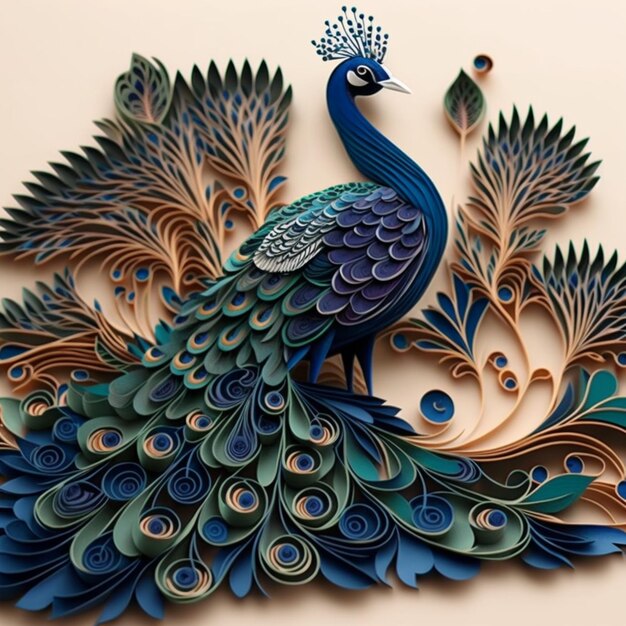 Peacock papier quilling kunstwerk ontwerp illustratie afbeelding AI gegenereerde kunst