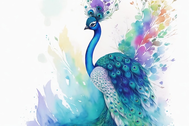 Peacock photo prepared in watercolor style