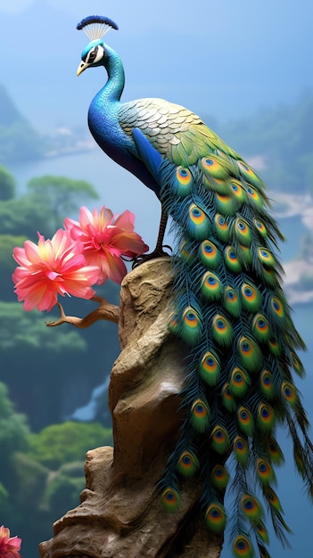 a peacock on a rock