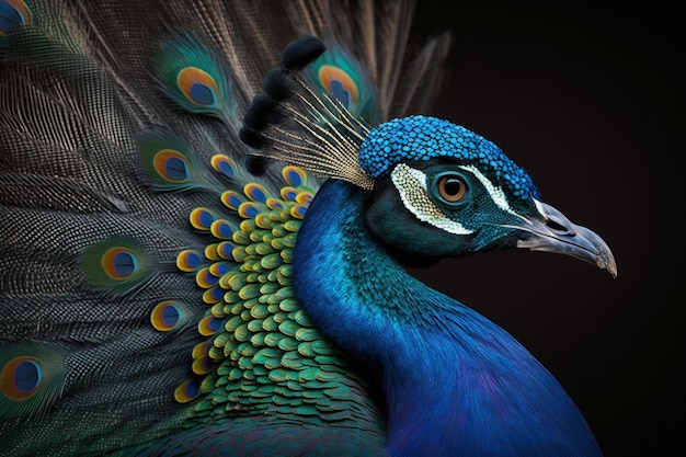 A peacock's tail is blue and green