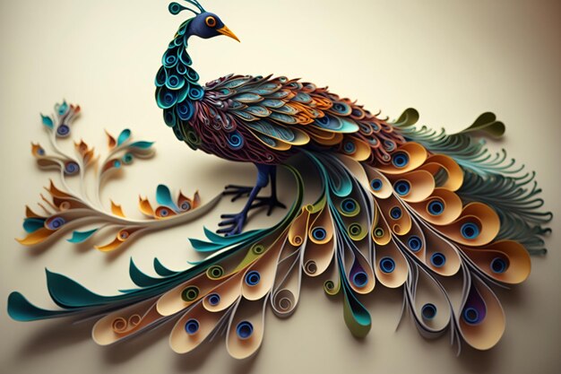 A peacock sculpture digital paper quilling art digital illustration AI generated