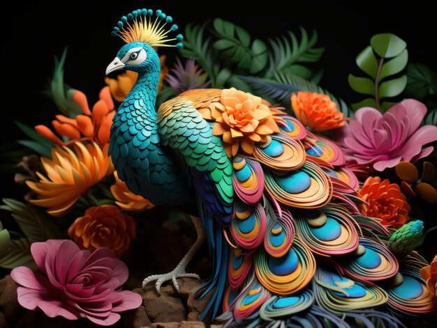 Peacock sculptures printed with colorful paper in the style of dima dmitriev spectacular backdrops