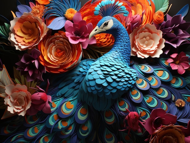 Peacock sculptures printed with colorful paper in the style of dima dmitriev spectacular backdrops