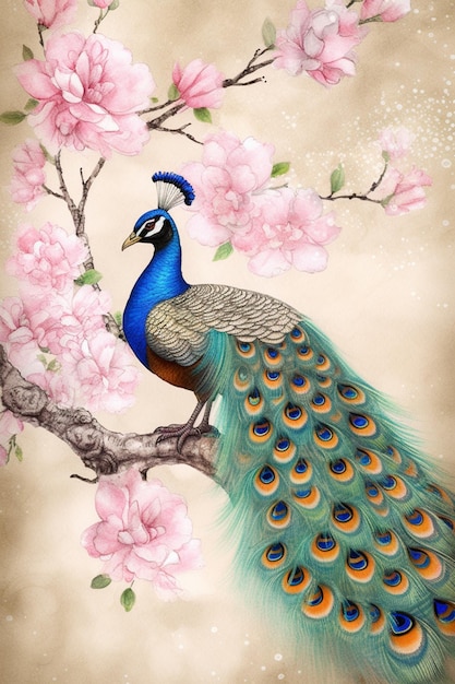 A peacock sits on a branch of a cherry blossom tree.
